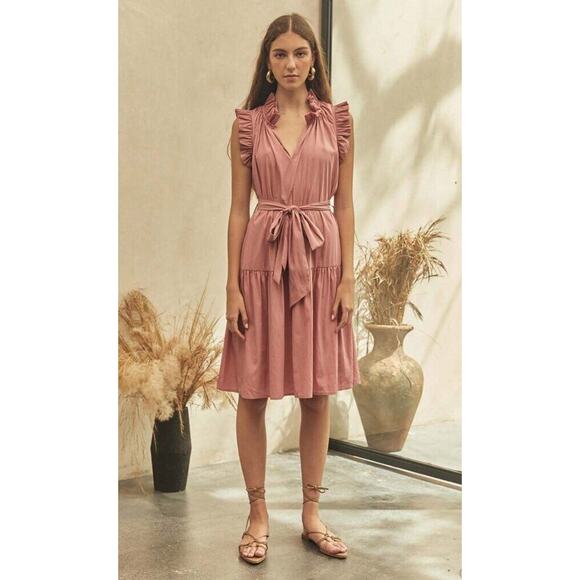 CHRISTY LYNN Sz XS Bardot Dusty Rose Pink Cap Sleeve Ruffle Belted Dress - Picture 1 of 11